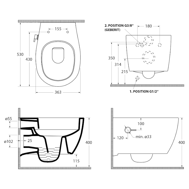 SENTIMENTI CLEANWASH závěsná WC mísa, integrovaný ventil a bidet. sprška, Rimless, 36x51cm, bílá 10ARS1101I
