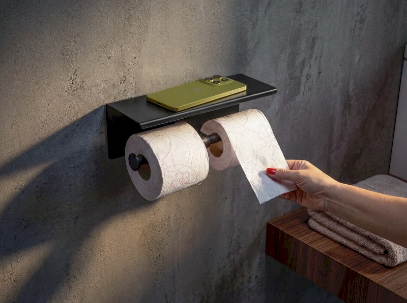 Dvojitý držák toaletního papíru s poličkou 30cm, černá mat UN1196B