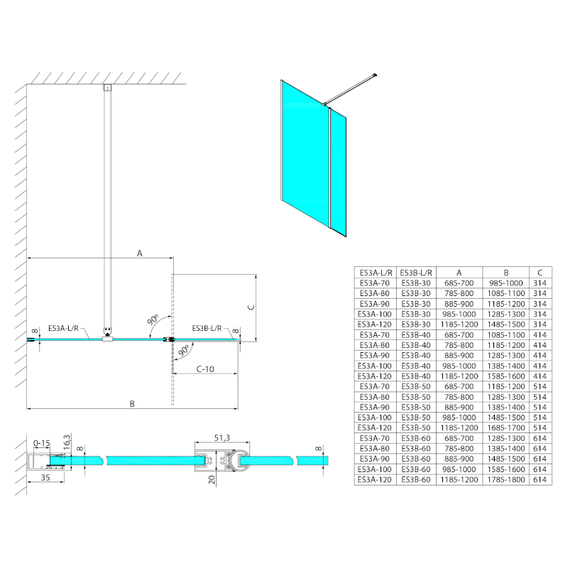 ESCA fixní sklo pro připojení otočného panelu, 1200mm, černá mat ES3A12B