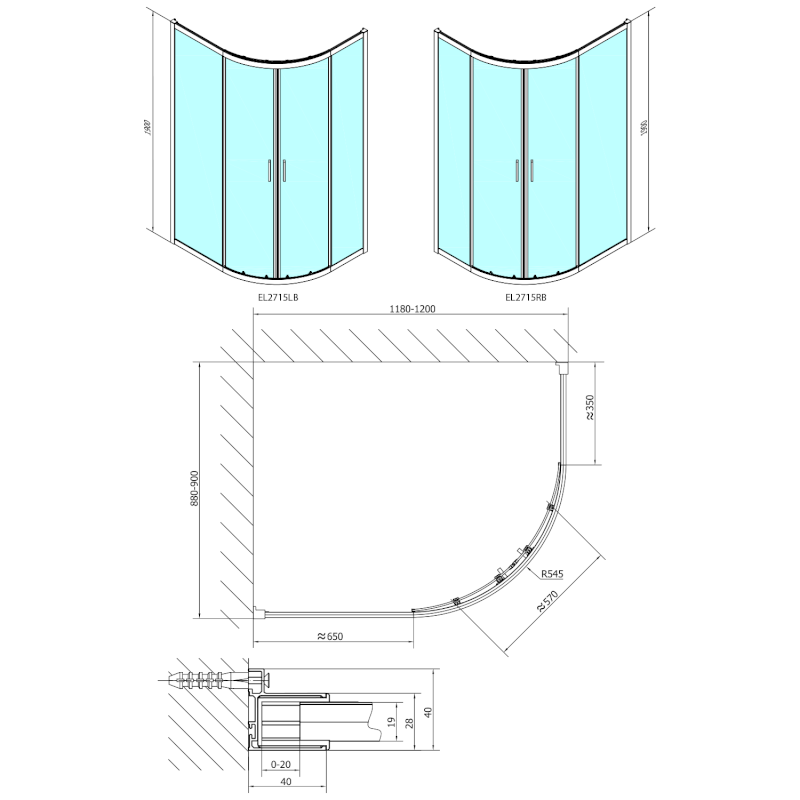 EASY BLACK čtvrtkruhová sprchová zástěna 1200x900mm, L/R, čiré sklo EL2715B