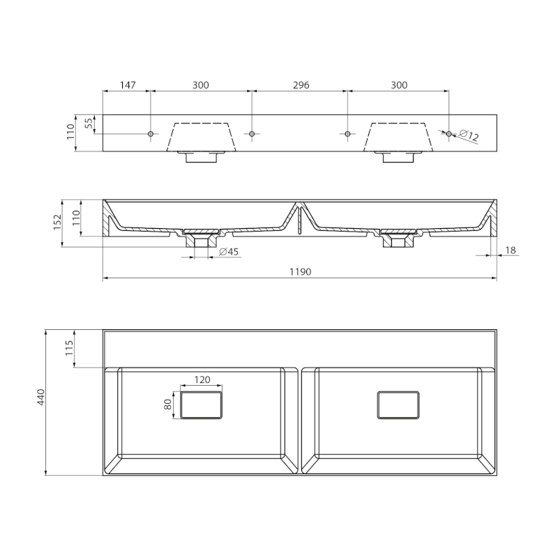 GODIVA dvojumyvadlo, litý mramor, 119x44cm, bez otvoru, bílá GU119-0