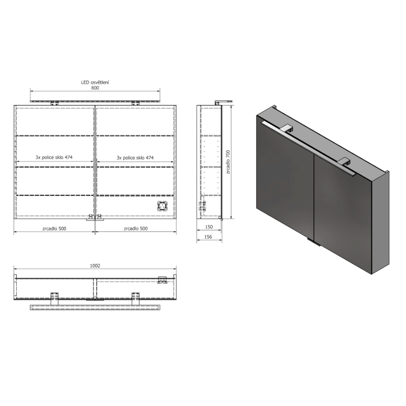 MIRRÓ galerka s LED osvětlením, 100x70x16cm, jilm bardini MC100-0013