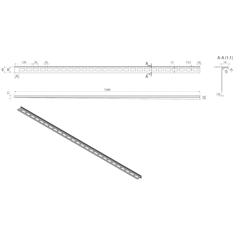 Spádová lišta, pravá, výška 10mm, délka 1200mm, nerez mat SPD1210-P