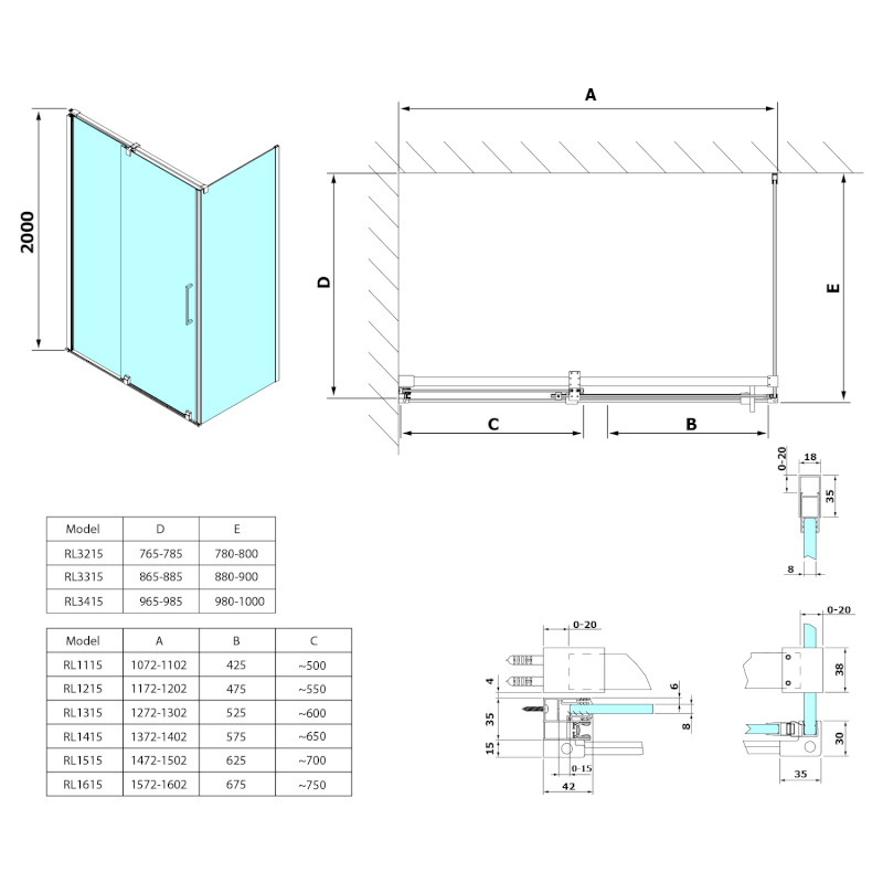 ROLLS sprchové dveře 1400mm, výška 2000mm, čiré sklo RL1415