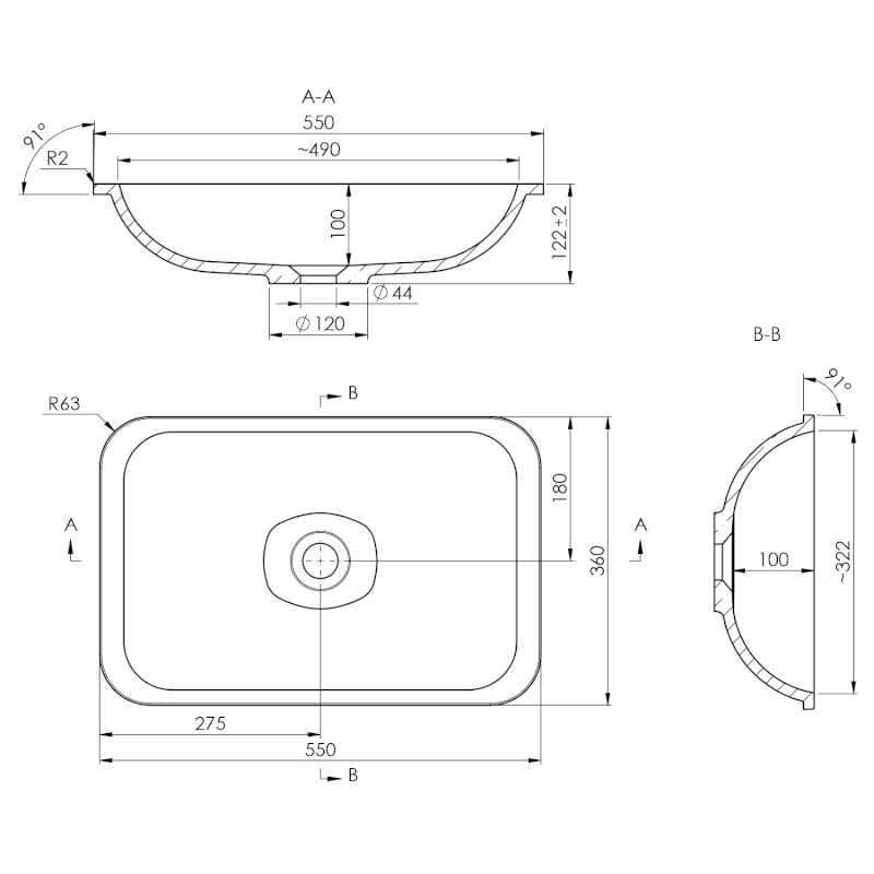 JAPURA umyvadlo zápustné, litý mramor, 55x36cm, černá mat 50135B