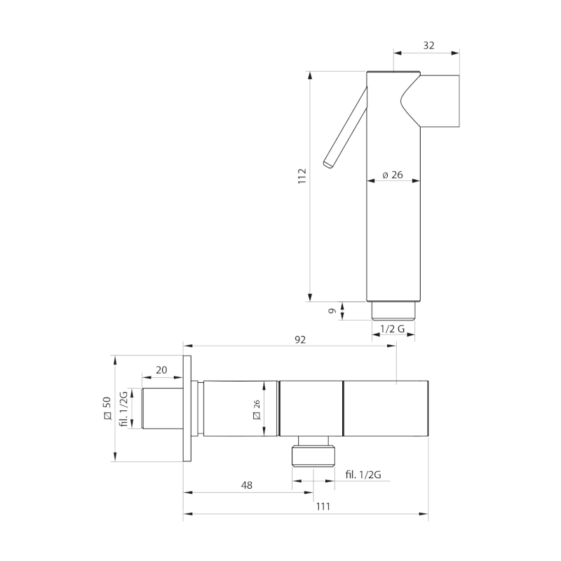 Nástěnný ventil s ruční bidetovou sprškou a bezpečnostní pojistkou,hranatý,černá mat SG108NE