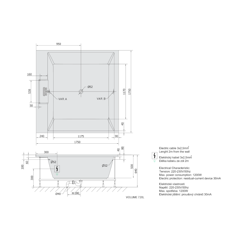 CAME hydromasážní vana, 175x175x50cm, Active Hydro-Air, chrom 23611.2010