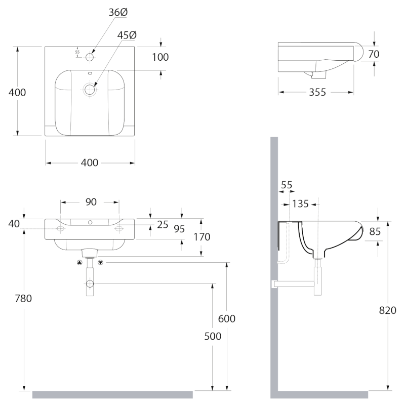 INKA keramické umyvadlo polozápustné, 40x40cm, černá mat 341231