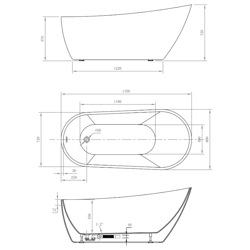 TISA volně stojící vana, 170x80cm, bílá E1780