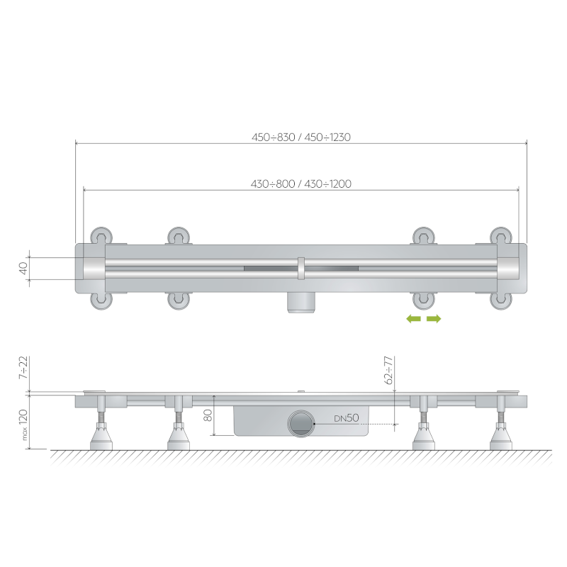 SUMISURA podlahový žlab s nerezovým roštem, L-450-1230, DN50 983.401.8