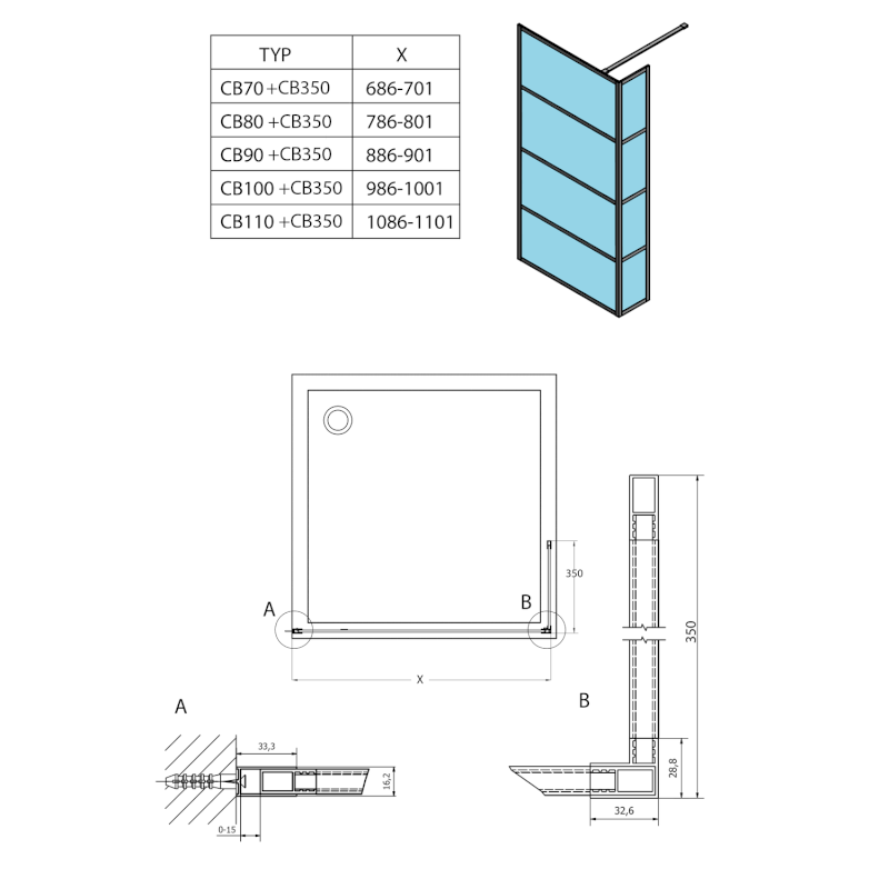 CURE BLACK sprchová zástěna 800mm, čiré sklo CB80