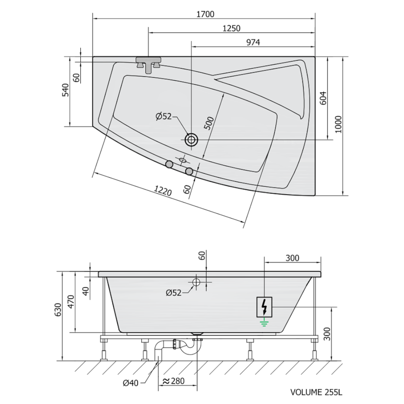 EVIA R hydromasážní vana, 170x100x47cm, Highline Hydro-Air, chrom 22611.6010