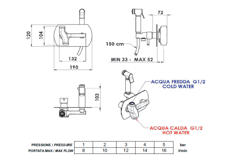 RHAPSODY podomítková bidetová baterie se Stop sprškou, kulatá, chrom 1209-07