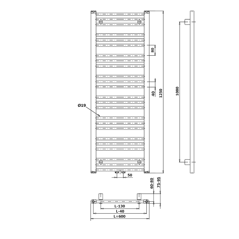 ALBRECHT otopné těleso 600x1250 mm, středové připojení, černá mat 600.117.6