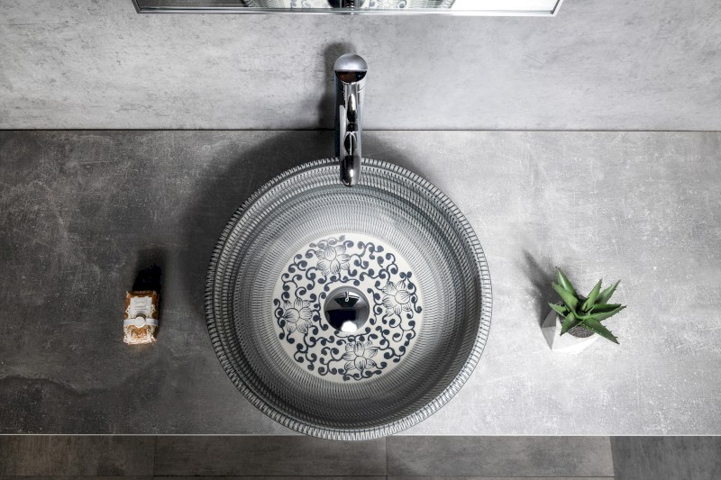 PRIORI keramické umyvadlo na desku, Ø 41 cm, modrá se vzorem PI036