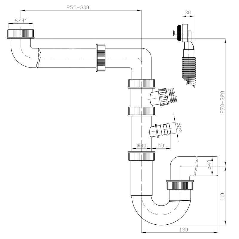 Dřezový sifon šetřící místo s přepadem a odbočkou 6/4