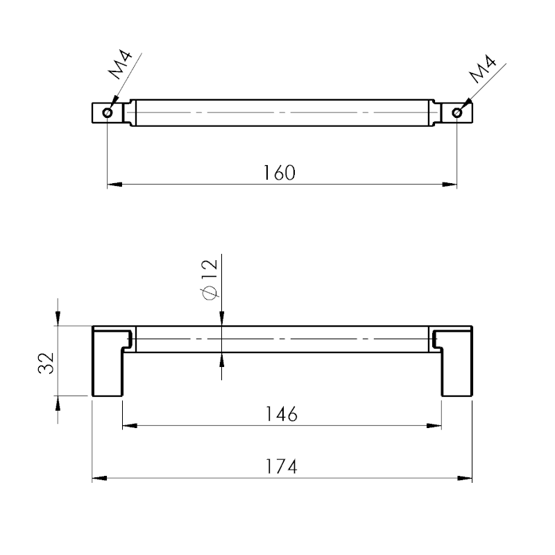 Kovová úchytka vroubkovaná, 174/160mm, černá mat 12457