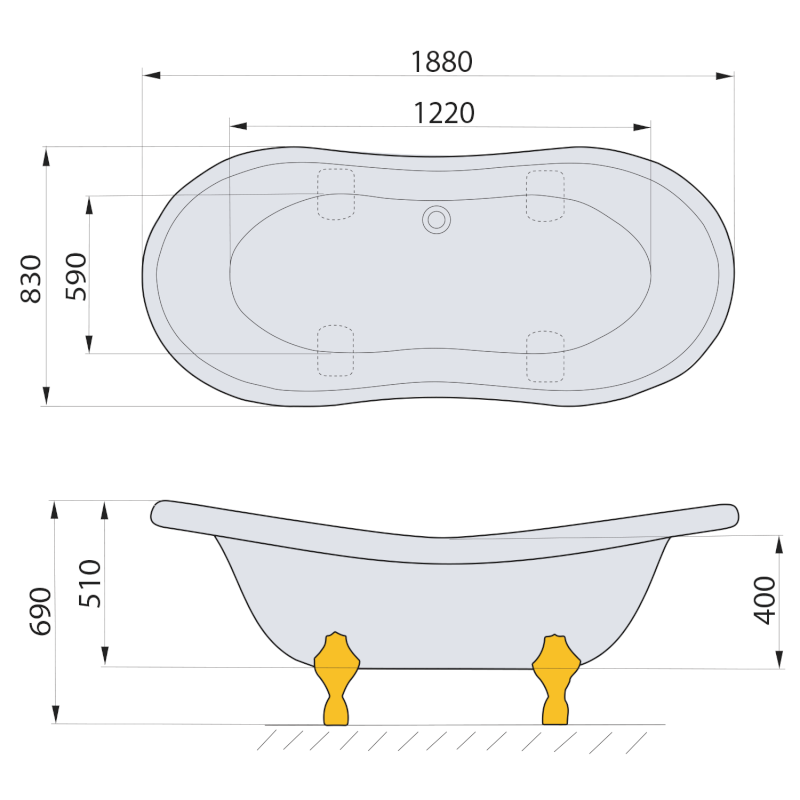 CHARLESTON volně stojící vana 188x83x69cm, nohy bílé, černá/bílá 72959