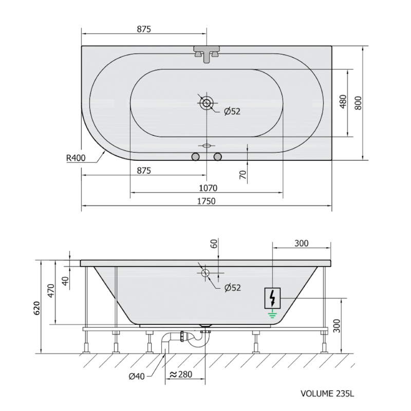 VIVA R hydromasážní vana, 175x80x47cm, Attraction Hydro, chrom 78119.3010