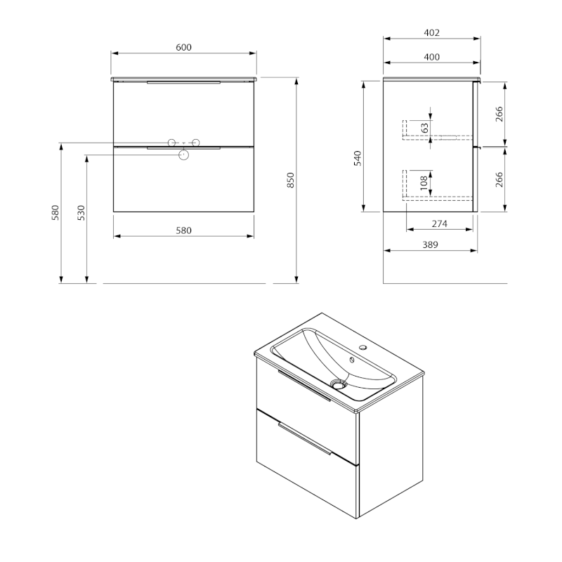 CIRASA STRIP umyvadlová skříňka 58x54x39cm, agila CR592-4343S