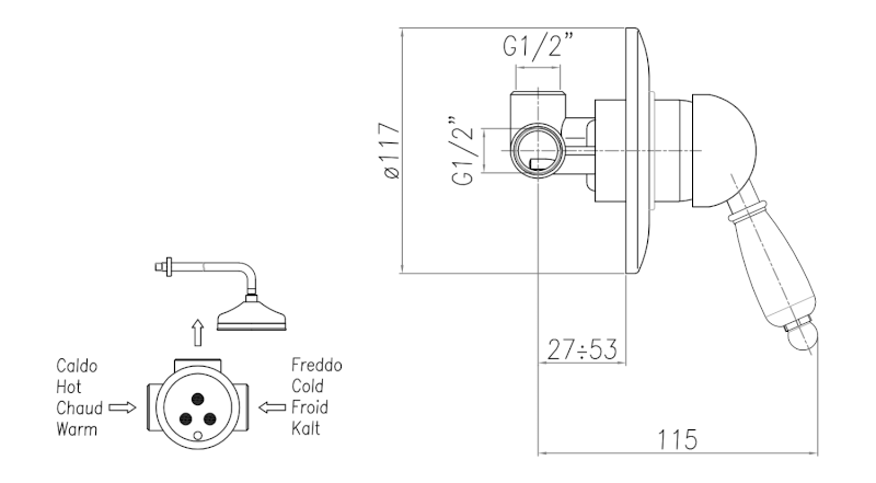 KIRKÉ BLACK podomítková sprchová baterie, 1 výstup, černá páčka, zlato KI41NZ