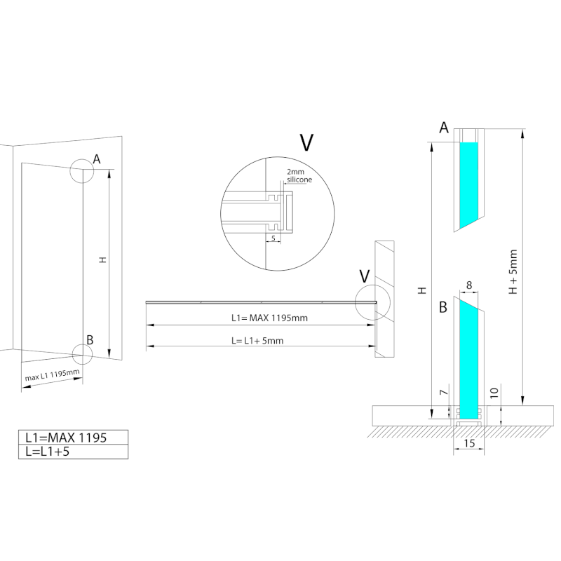 ARCHITEX sada pro uchycení skla, podlaha-stěna, max. š. 1200mm, černá mat AXL2112B