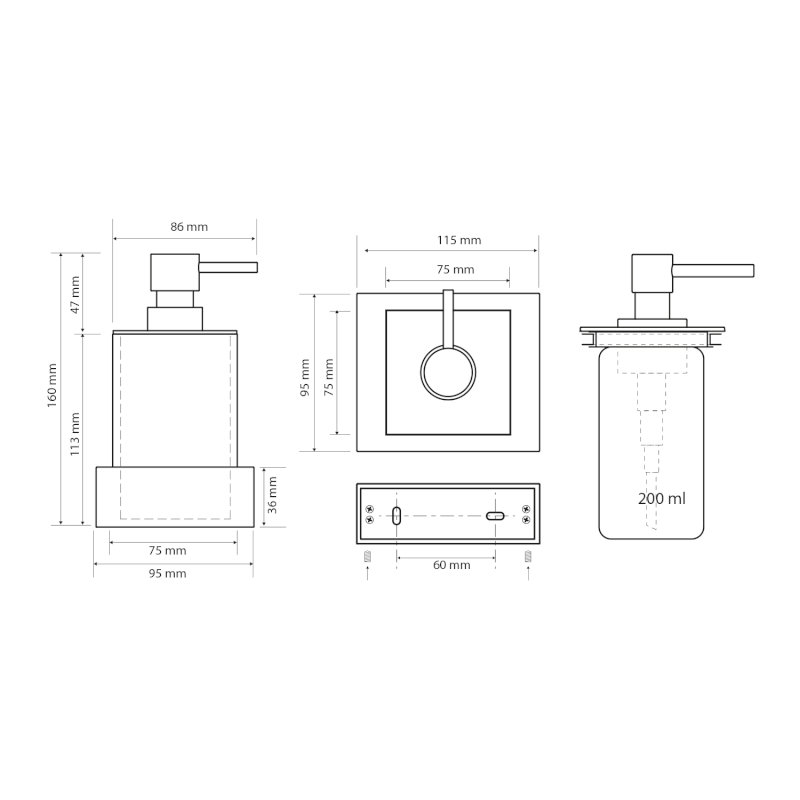 X-STEEL dávkovač mýdla na postavení 200ml, černá mat XS104B