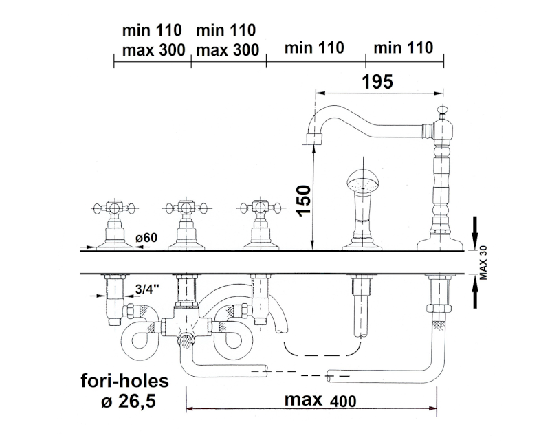 ANTEA pětiprvková baterie na okraj vany s retro hubicí, růžové zlato 3887