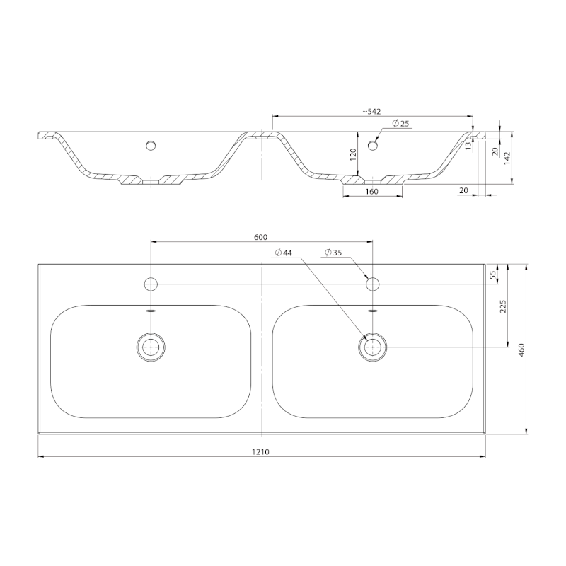 SIDRA dvojumyvadlo, litý mramor, 121x46cm, bílá SD121