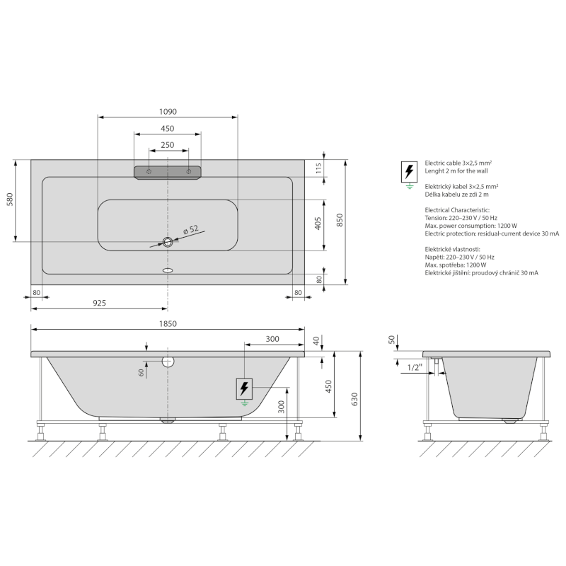CASCATA hydromasážní vana, 185x85x45cm, kaskáda černá, Highline Hydro-Air, černá 73836.102.6030