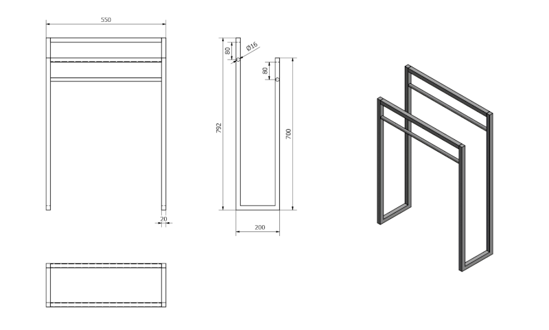 SKA stojan na ručníky 550x790x200mm, černá mat SKA301