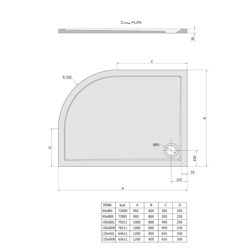 RENA L sprchová vanička z litého mramoru, čtvrtkruh 100x80cm, R550, levá, bílá 75511