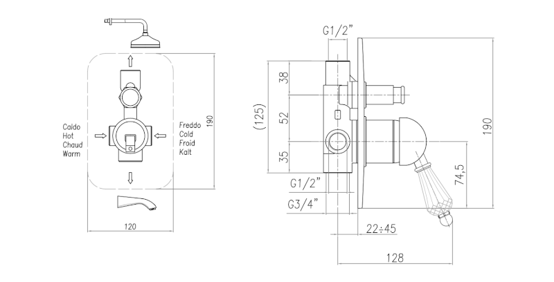 KIRKÉ CRYSTAL podomítková sprchová baterie, 2 výstupy, páčka krystal, bronz KI42KB