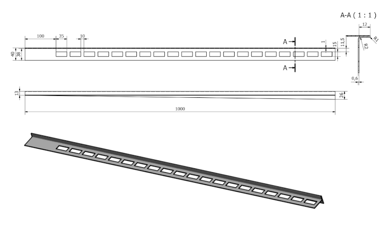 Spádová lišta, pravá, výška 12mm, délka 1000mm, nerez mat SPD12-P