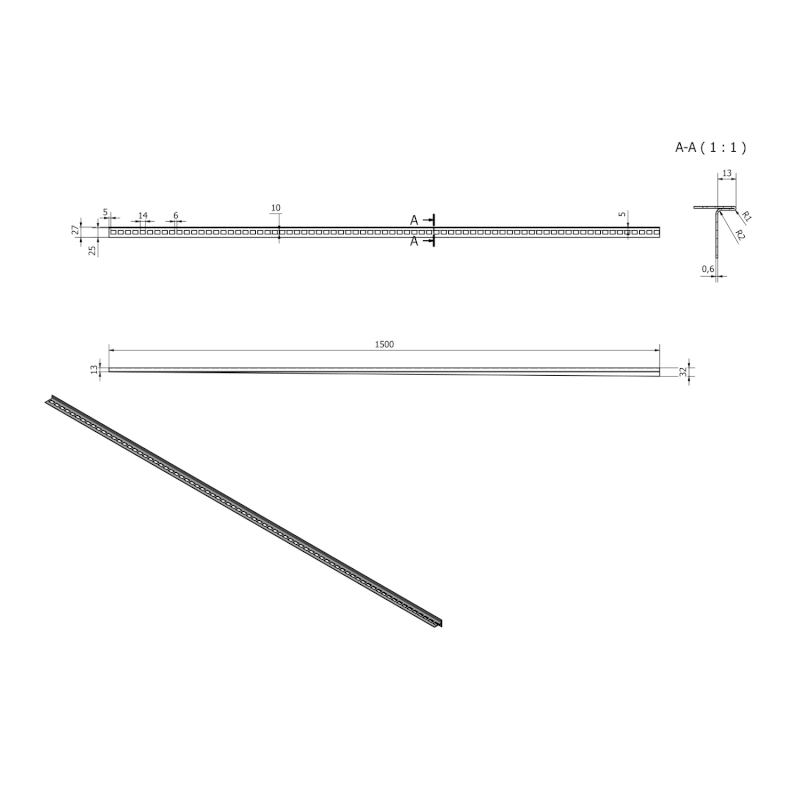 Spádová lišta, pravá, výška 12 mm, délka 1500 mm, nerez mat SPD1512-P