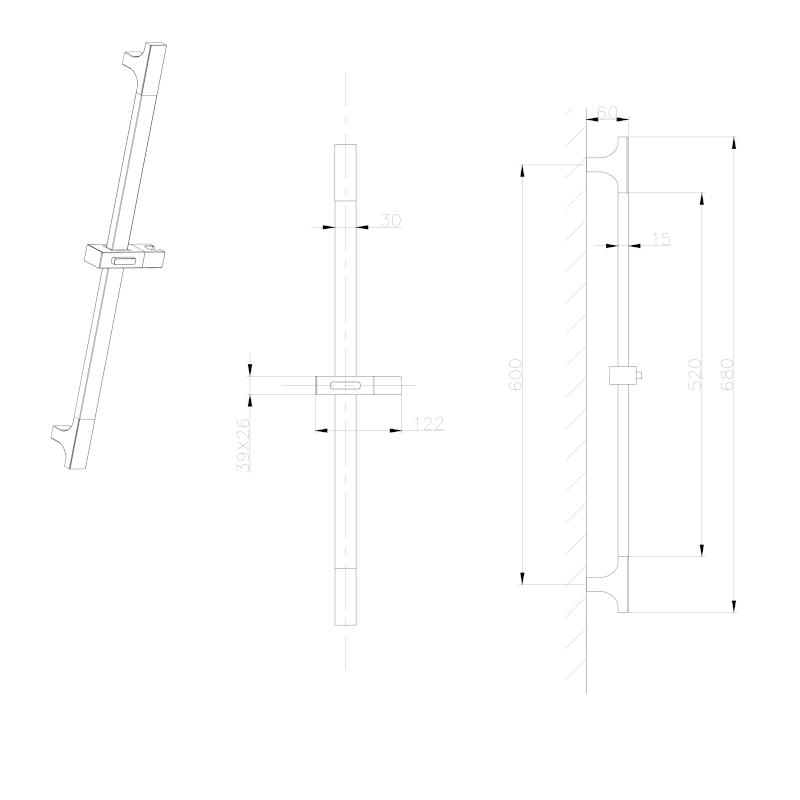 Sprchová tyč, posuvný držák, hranatá, 680mm, ABS/chrom 1206-09