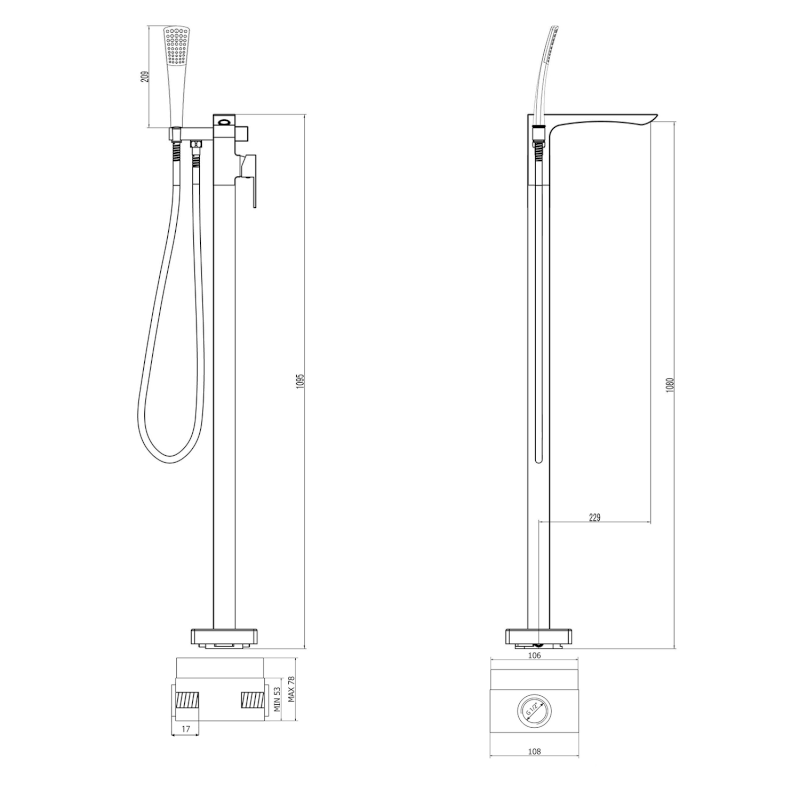 GINKO vanová baterie s připojením do podlahy, černá mat 1101-21B