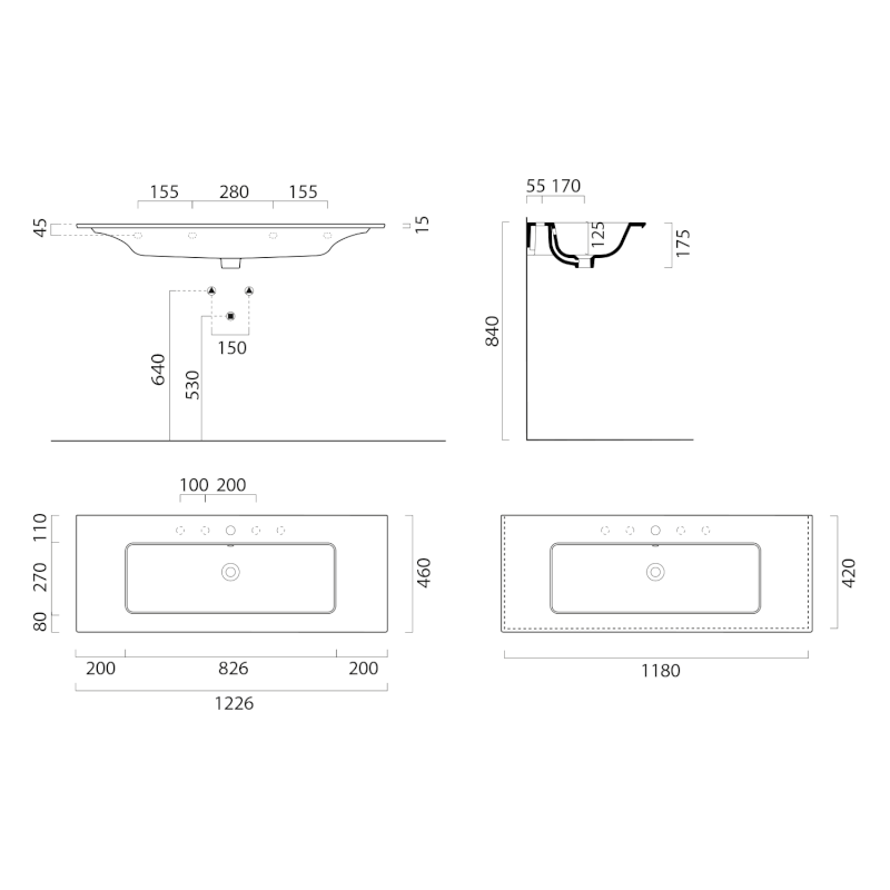 PURA keramické umyvadlo Slim 122x46cm, bílá mat 8887109