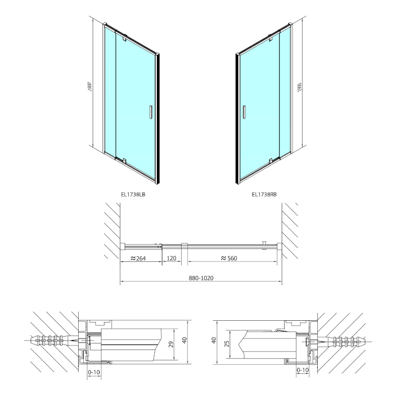 EASY BLACK sprchové dveře otočné 880-1020mm, sklo Brick EL1738B