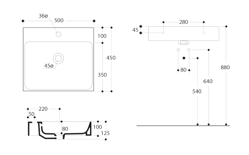 CENTO keramické umyvadlo 50x45cm, bílá 353001