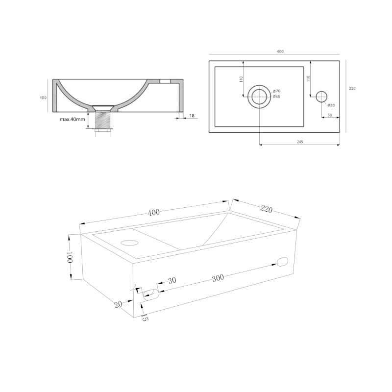 CREST R betonové umývátko, nástěnné, včetně výpusti, 40x22cm, bílý pískovec AR413