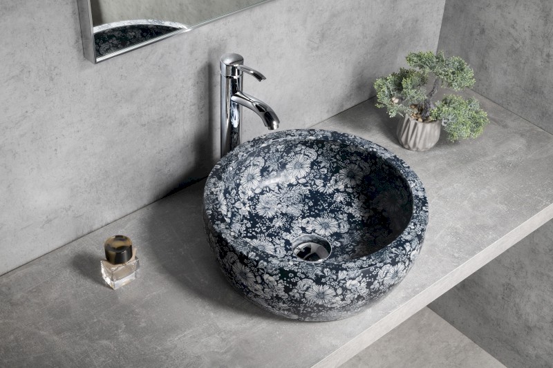 PRIORI keramické umyvadlo na desku, Ø 41 cm, modré květy PI038