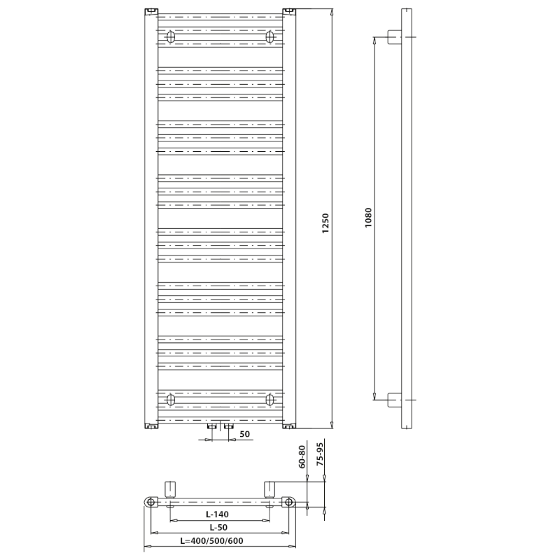 ALBRECHT otopné těleso 600x1250 mm, středové připojení, chrom 600.117.1