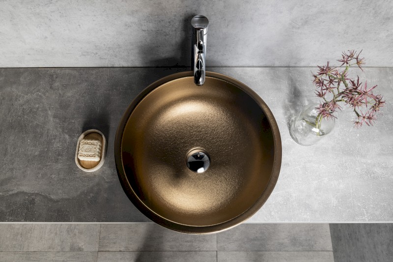 PRIORI keramické umyvadlo na desku, Ø 41 cm, měď/modrá se vzorem PI037