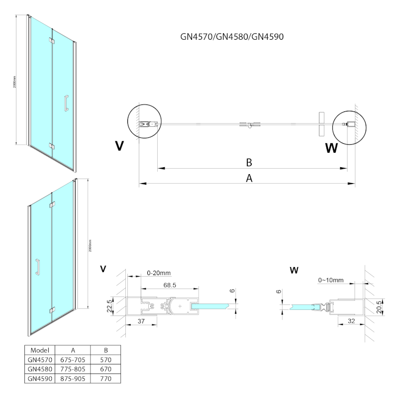 LORO sprchové dveře skládací 900mm, čiré sklo GN4590