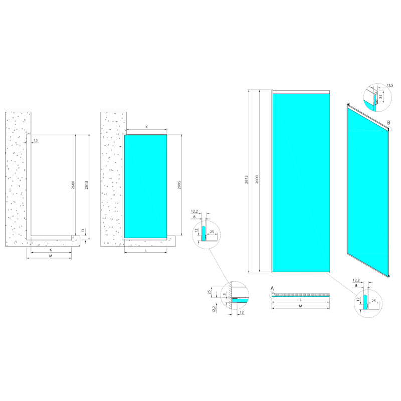 ARCHITEX sada pro neviditelné uchycení skla, podlaha-stěna-strop, 1615x2600mm, leštěný hliník AX2516