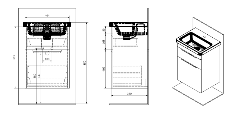 ELLA umyvadlová skříňka 46,5x65x38,5cm, 2x zásuvka, bílá EL052-3030