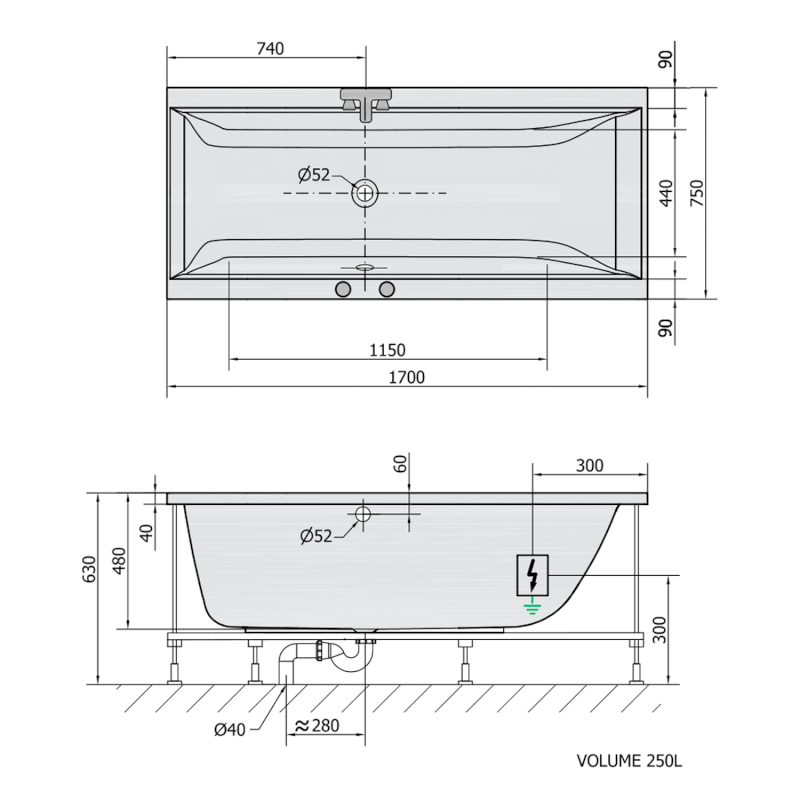 CLEO hydromasážní vana, 170x75x48cm, Highline Hydro-Air, chrom 94611.6010