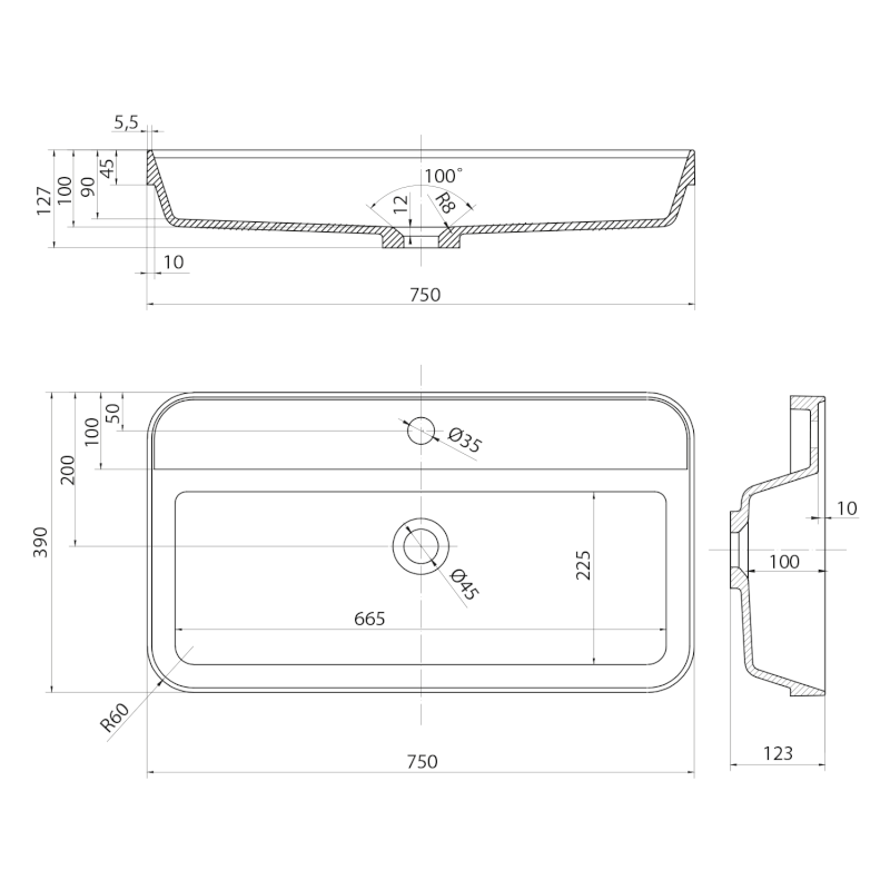 BRAHEA umyvadlo zápustné, Rockstone, 75x39 cm, bílá mat BE775