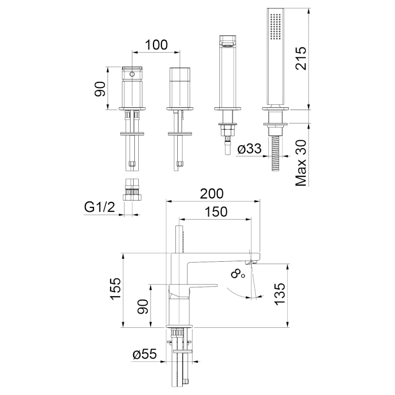 TURSI čtyřprvková baterie na okraj vany, chrom TI052